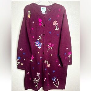 Quacker Factory PRISTINE 1X Ladies Cranberry Floral 3/4 Long Sweater Cardigan